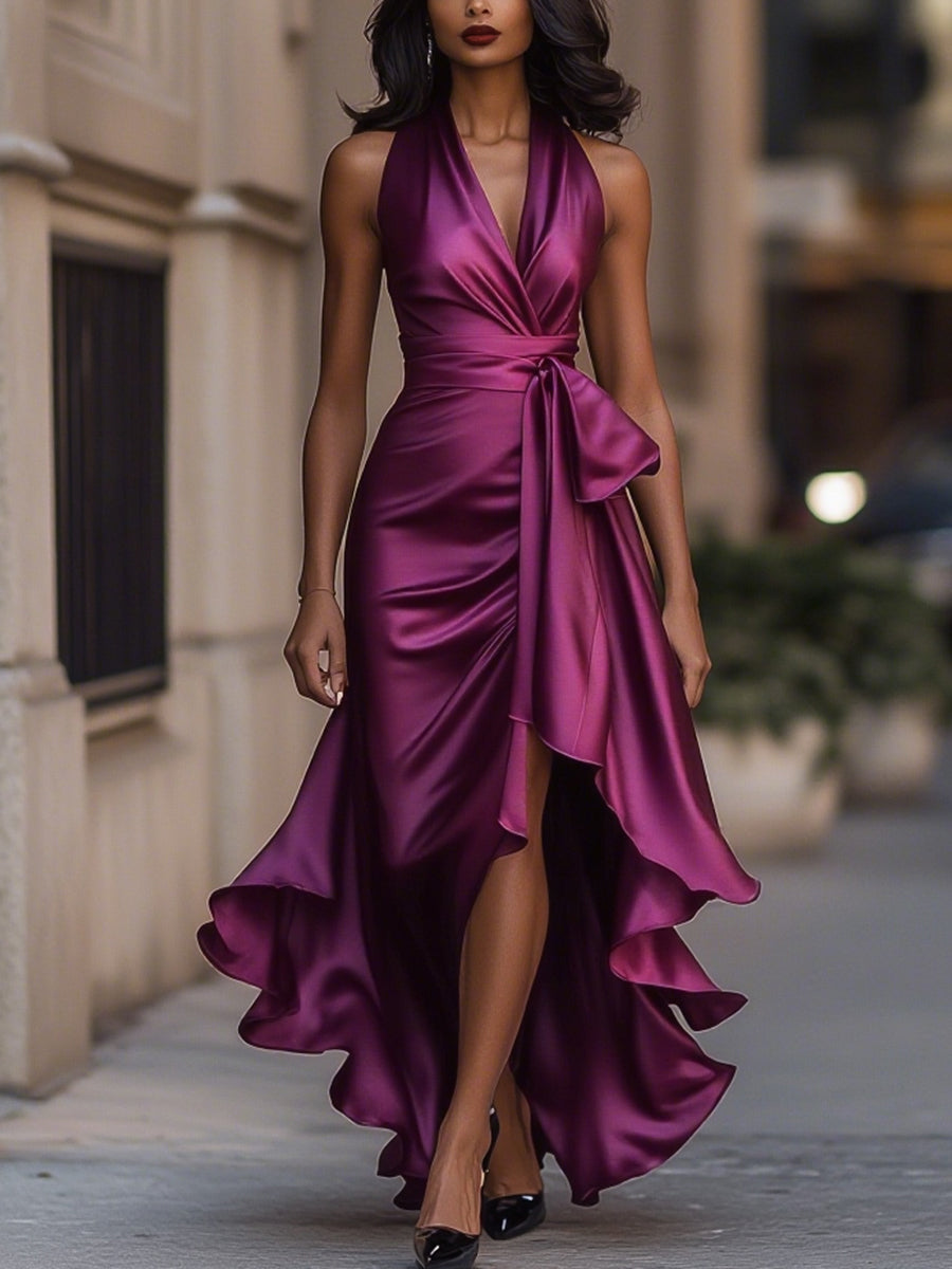 Midnight Elegance Satin Halter Ruffle Gown MollyBoo