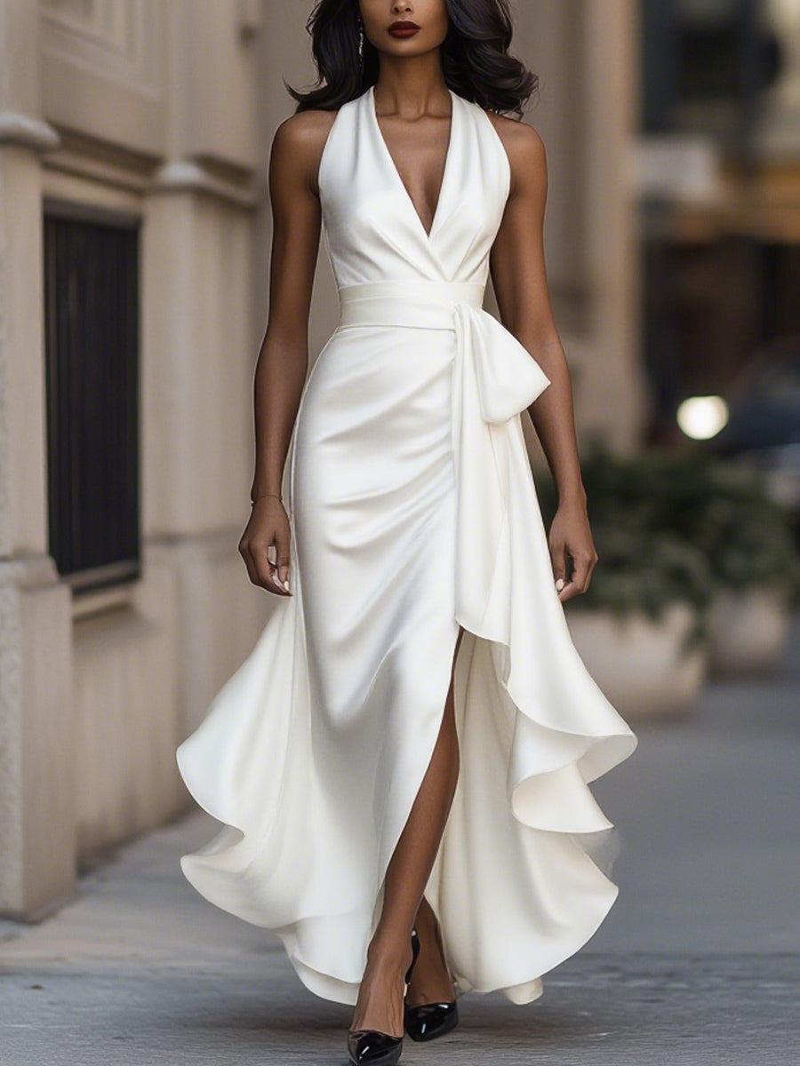 Midnight Elegance Satin Halter Ruffle Gown MollyBoo