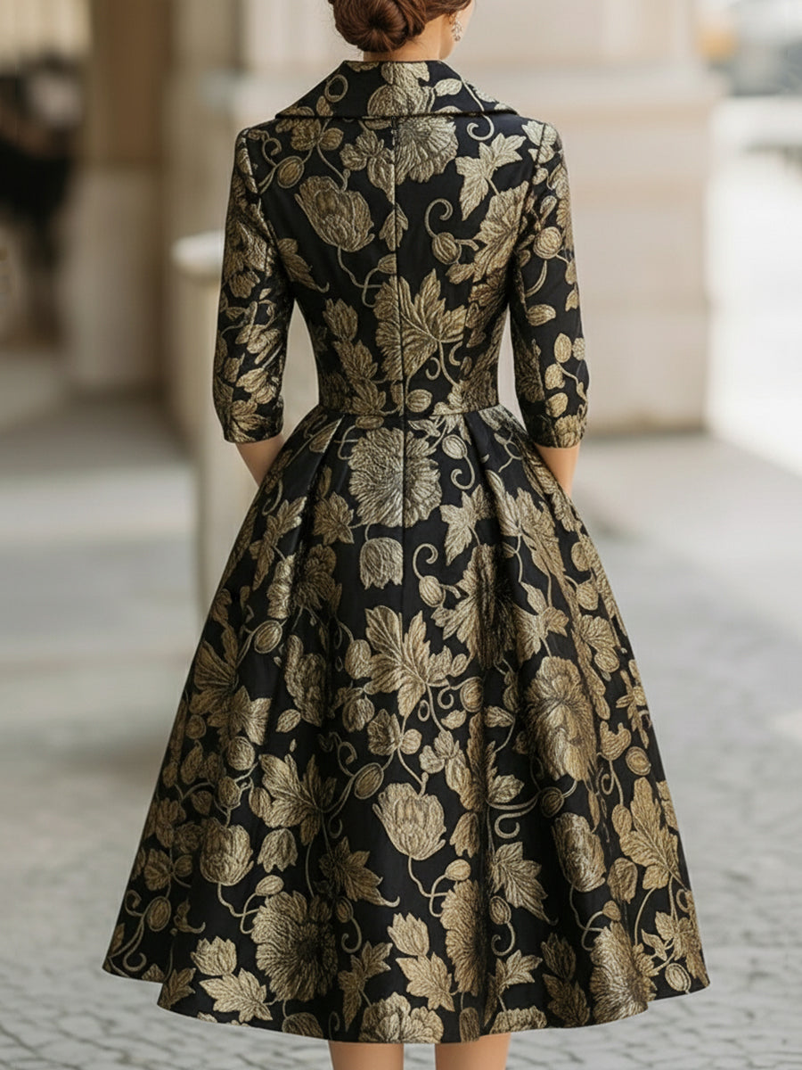 Mooyius Black & Gold Jacquard Floral Midi Dress MollyBoo