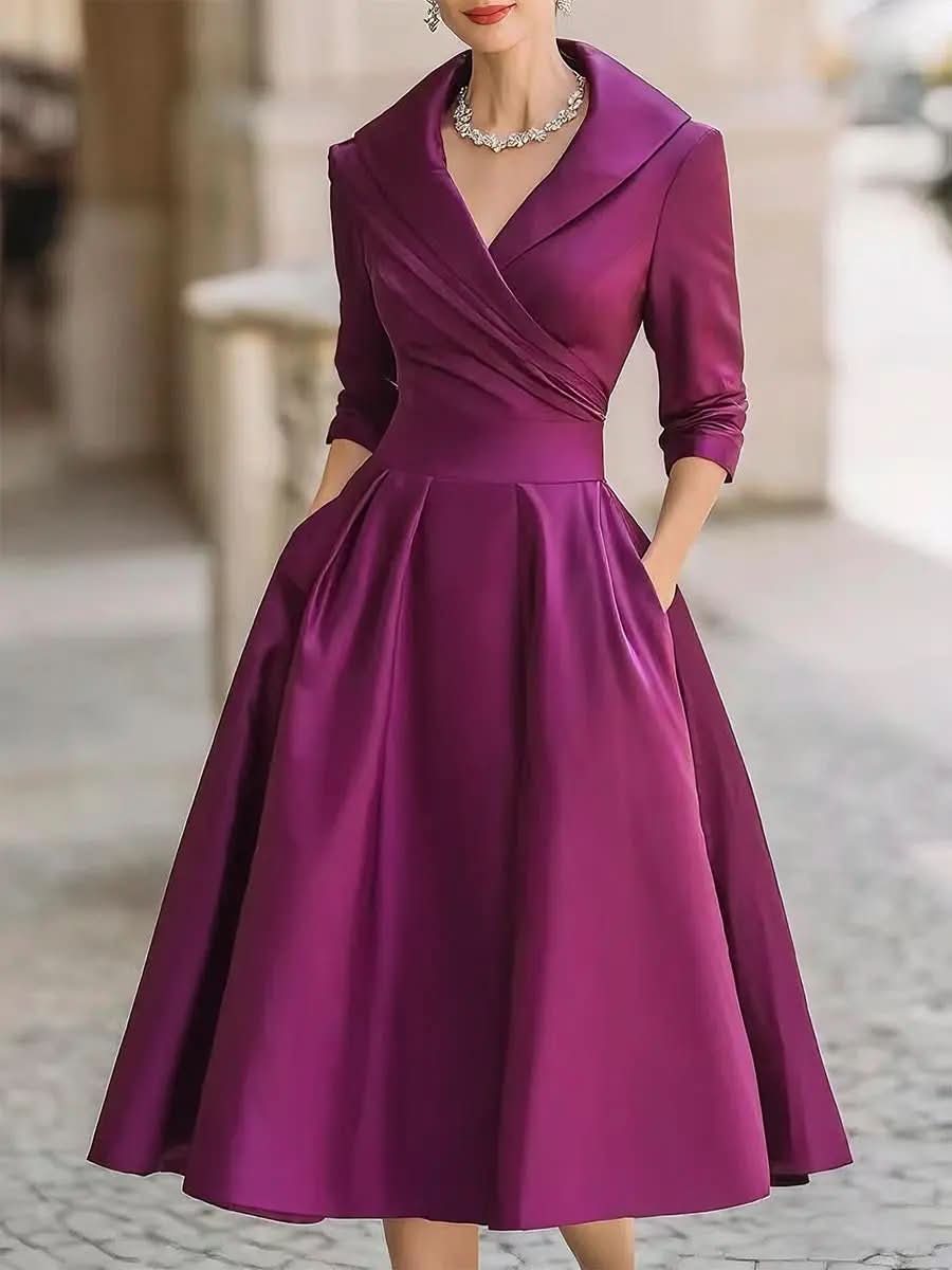 Vintage-Inspired Satin Midi Dress With Draped Collar MollyBoo