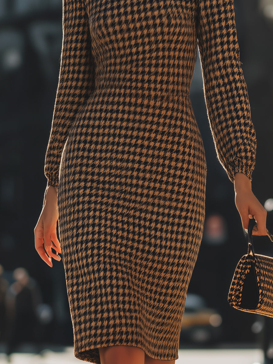 Elegant Houndstooth Mock Neck Midi Dress MollyBoo