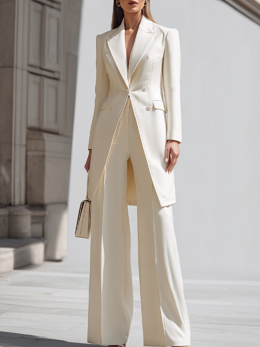 Elegant Cream Longline Blazer And Wide - Leg Pants Set MollyBoo