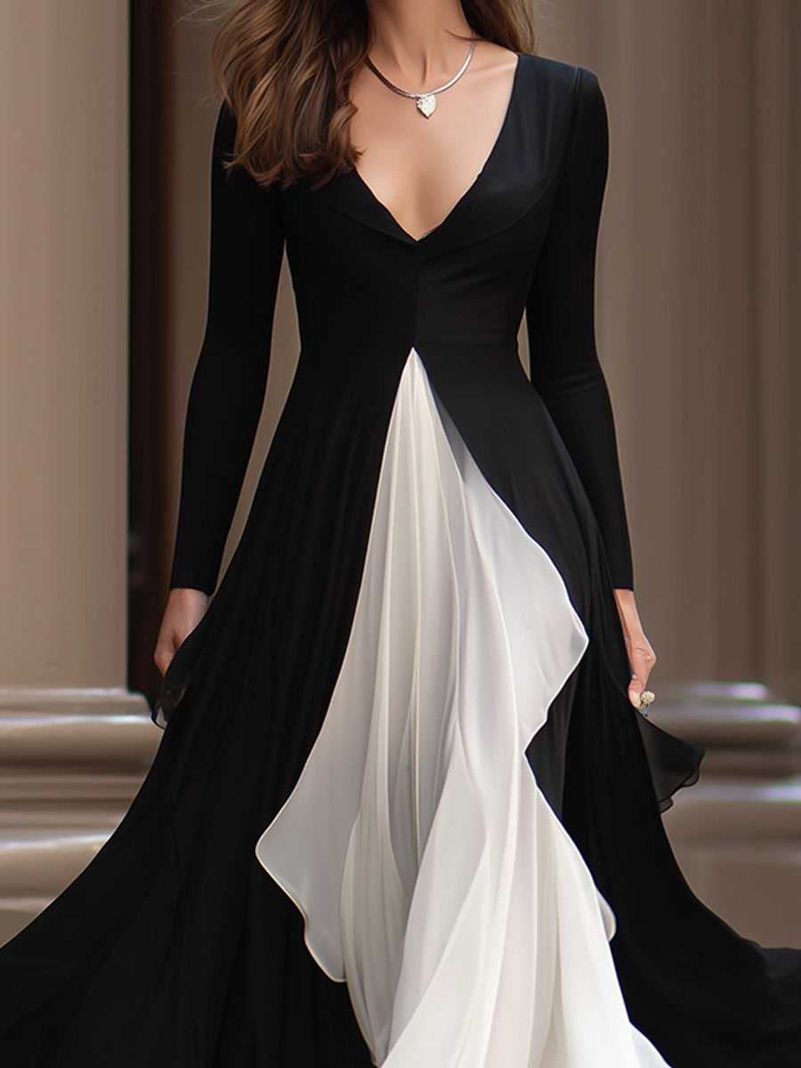 Monochrome Flowing Evening Gown With Contrast Panels MollyBoo