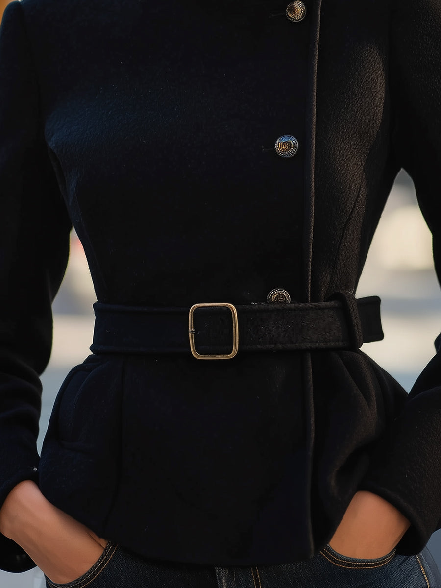Elegant Black Belted Wool Blend Coat MollyBoo