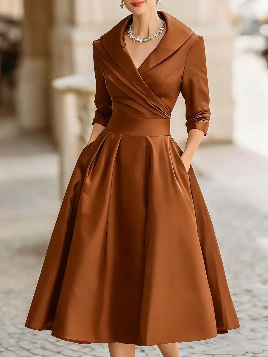 Vintage-Inspired Satin Midi Dress With Draped Collar MollyBoo