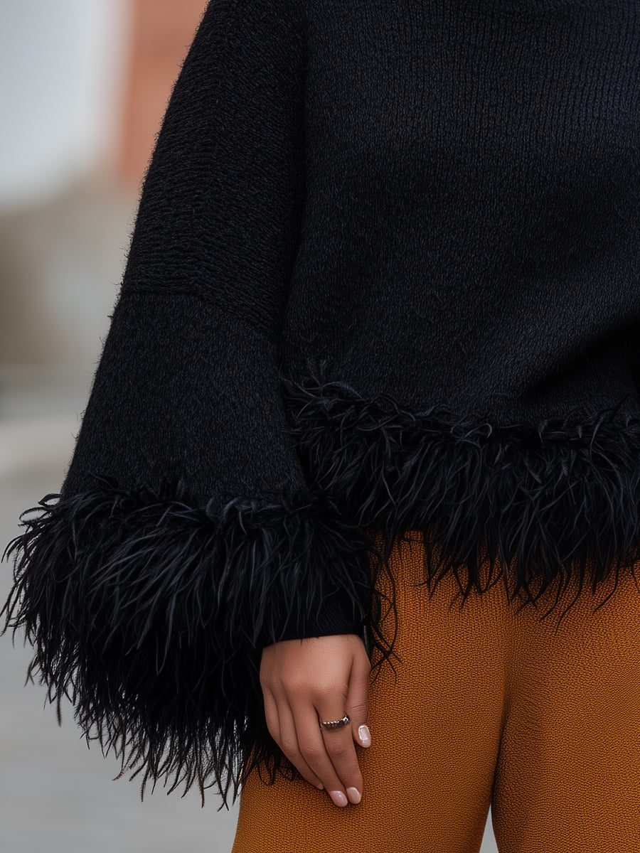 Turtleneck Knit Sweater With Feather Trim MollyBoo