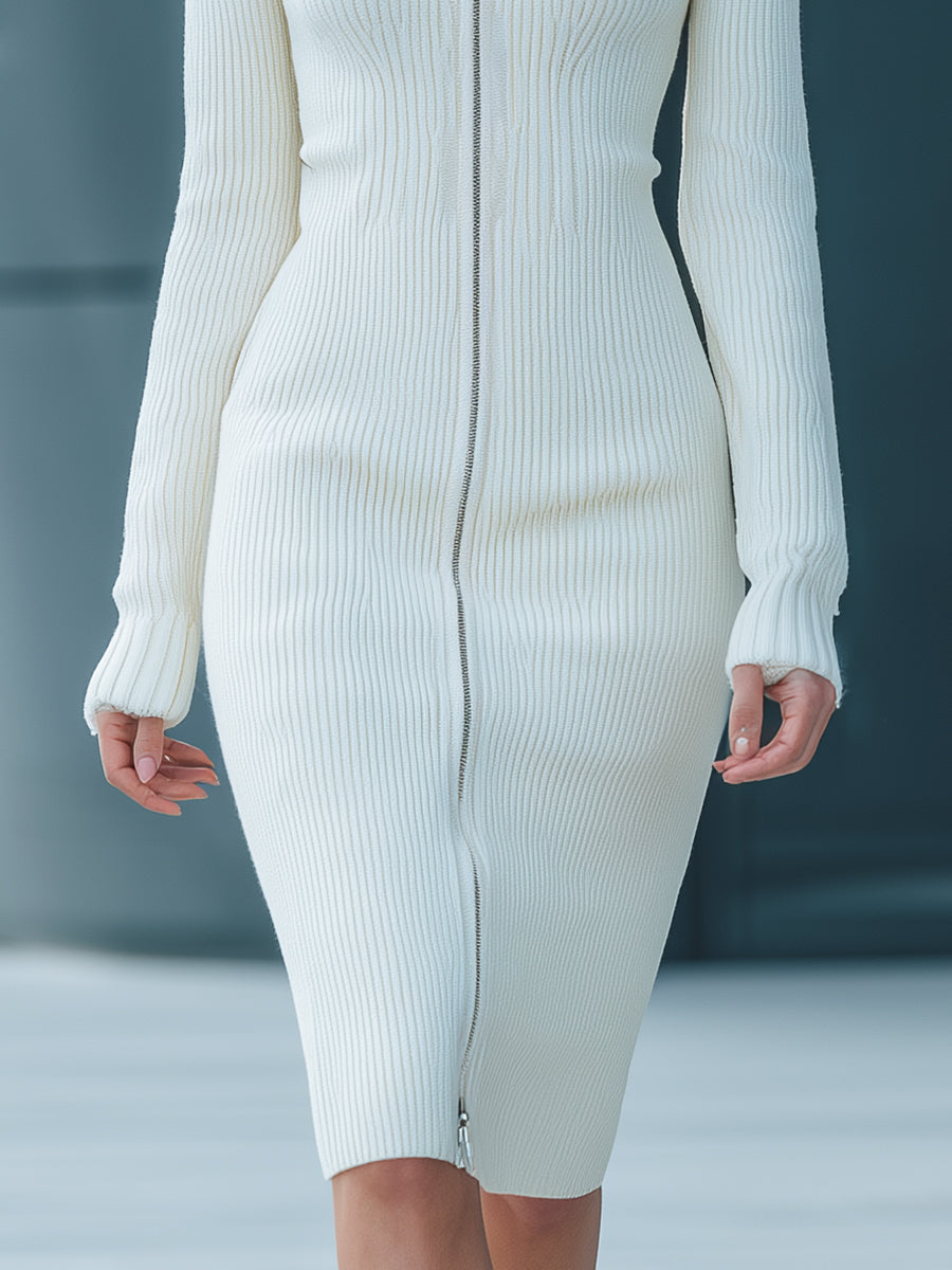 Mooyius White Ribbed Knit Zip Midi Dress MollyBoo
