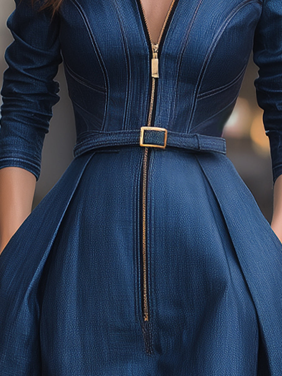 Elegant Zippered Belted Denim Midi Dress MollyBoo