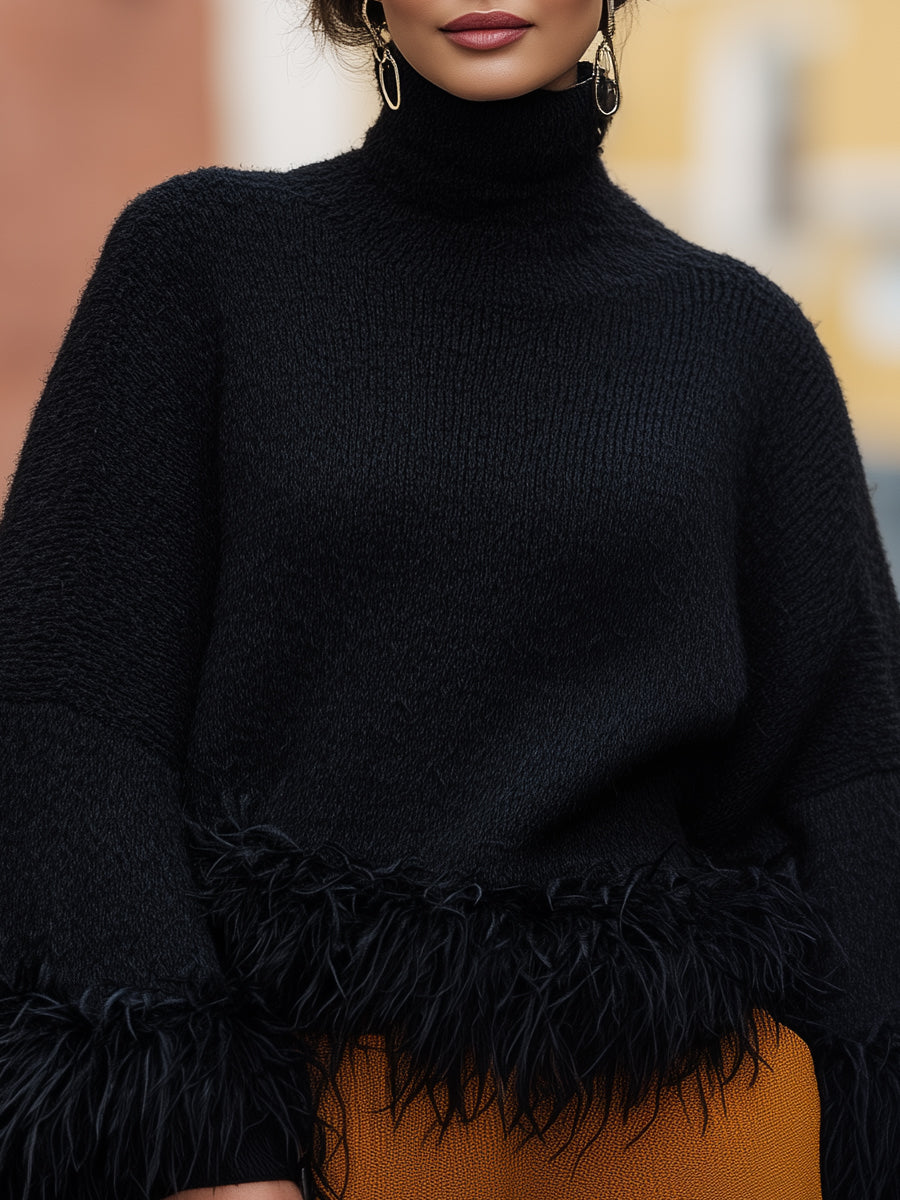 Turtleneck Knit Sweater With Feather Trim MollyBoo