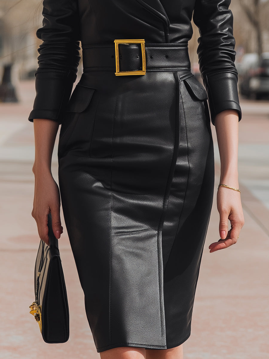 Faux Leather Belted Blazer Dress MollyBoo