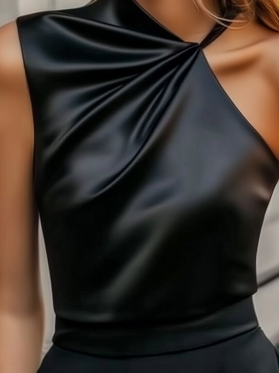 Modern Draped Satin Blouse with Single Strap Detail MollyBoo