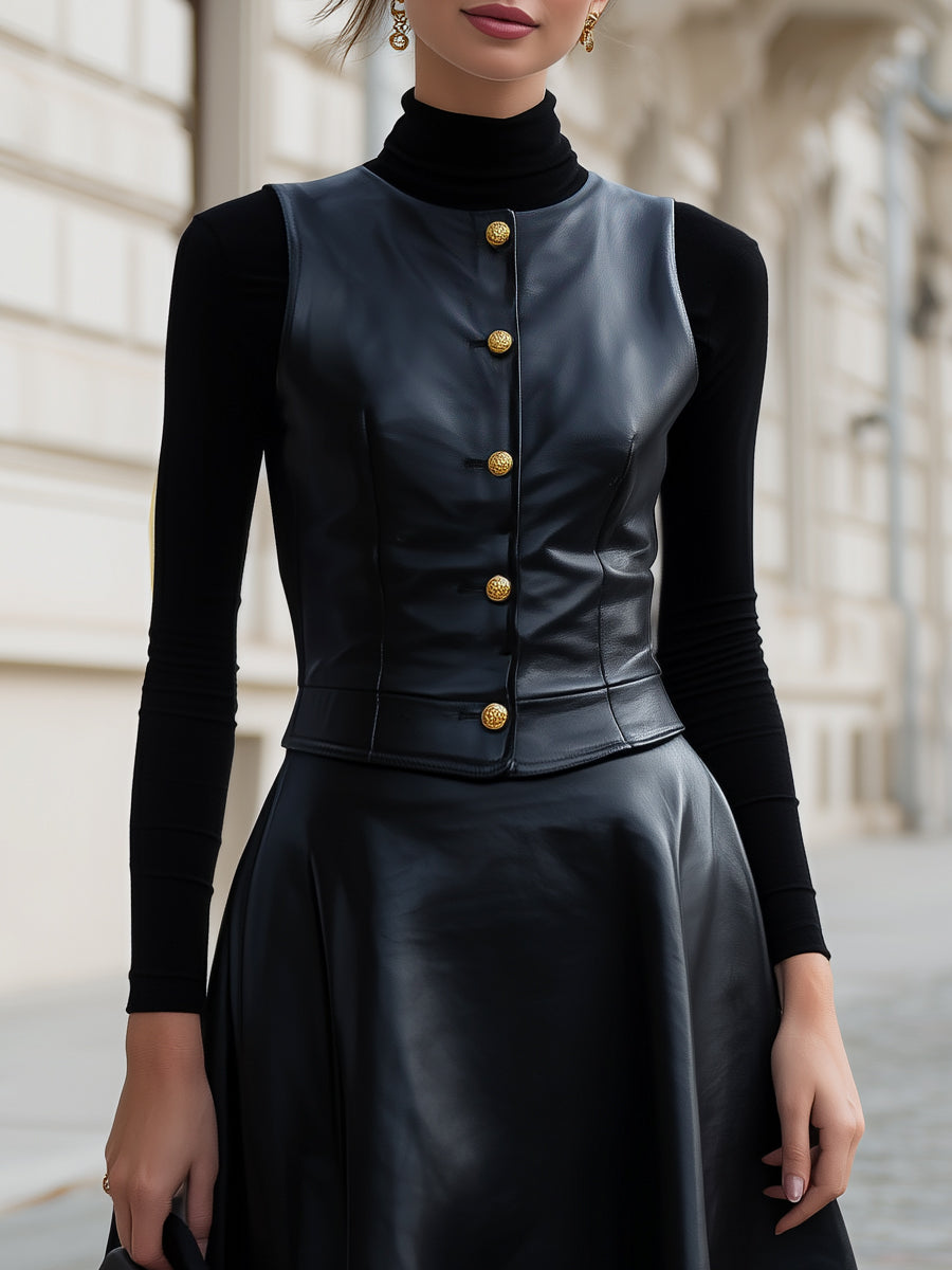 Faux Leather Three-Piece Set With Gold Button Detailing MollyBoo