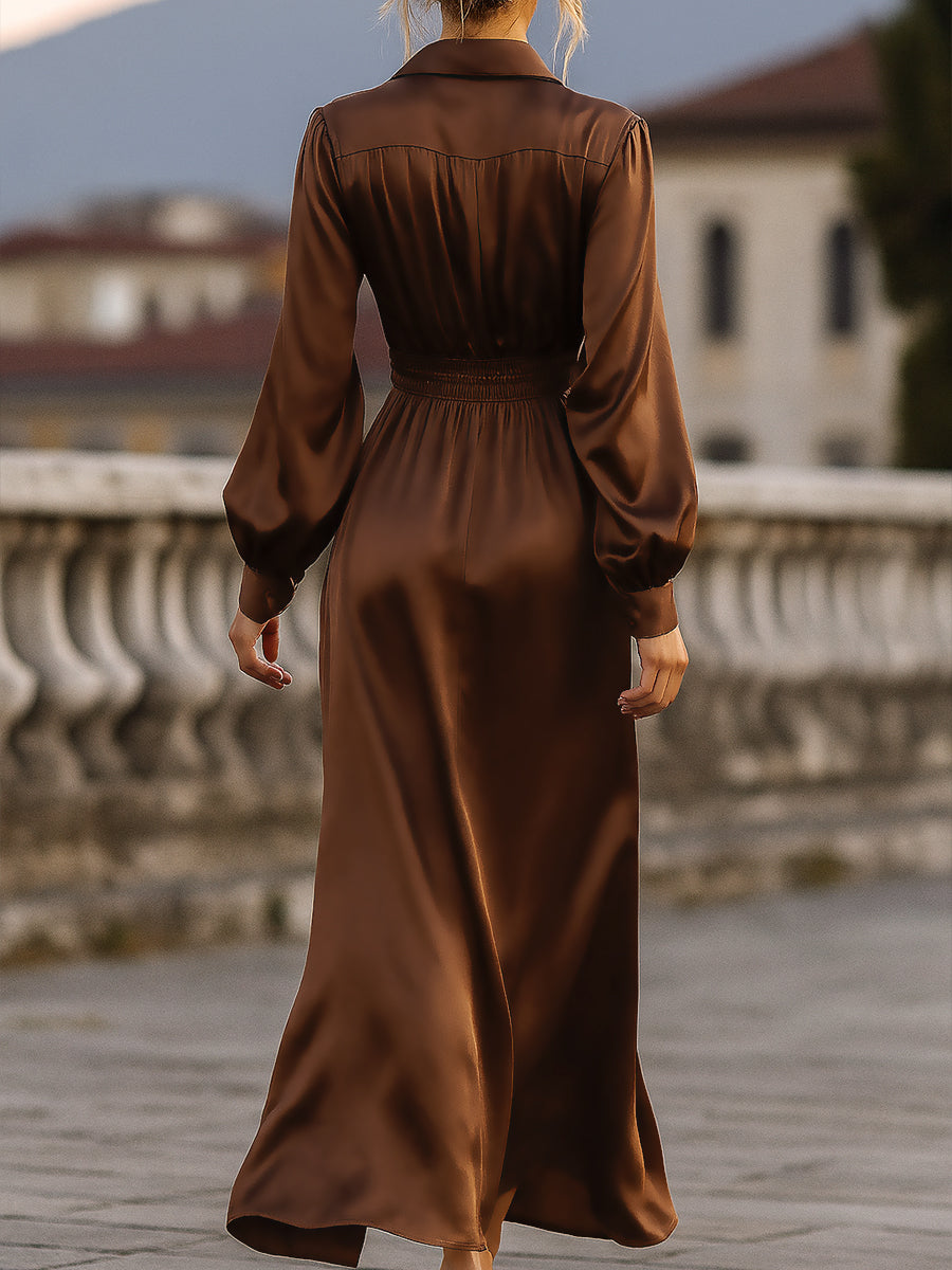 Mooyius Satin Cinched Waist Maxi Dress In Mocha Brown MollyBoo