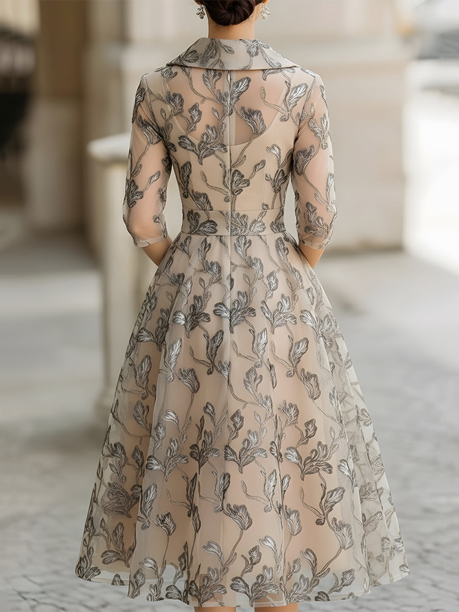 Mooyius Embroidered Mesh Midi Dress With Metallic Leaf Motif MollyBoo