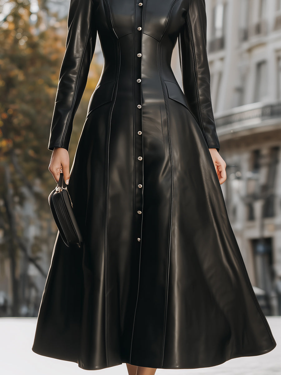 Edgy Black Faux Leather Midi Shirt Dress MollyBoo