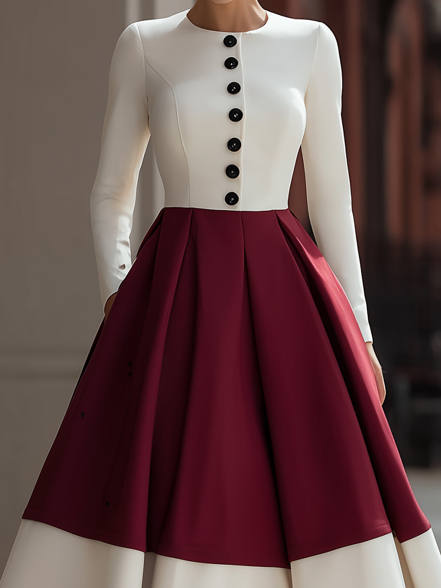 Ivory And Burgundy Colorblock Midi Dress With Button Detail MollyBoo