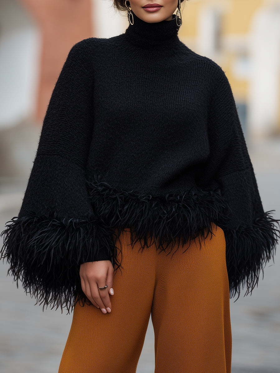 Turtleneck Knit Sweater With Feather Trim MollyBoo