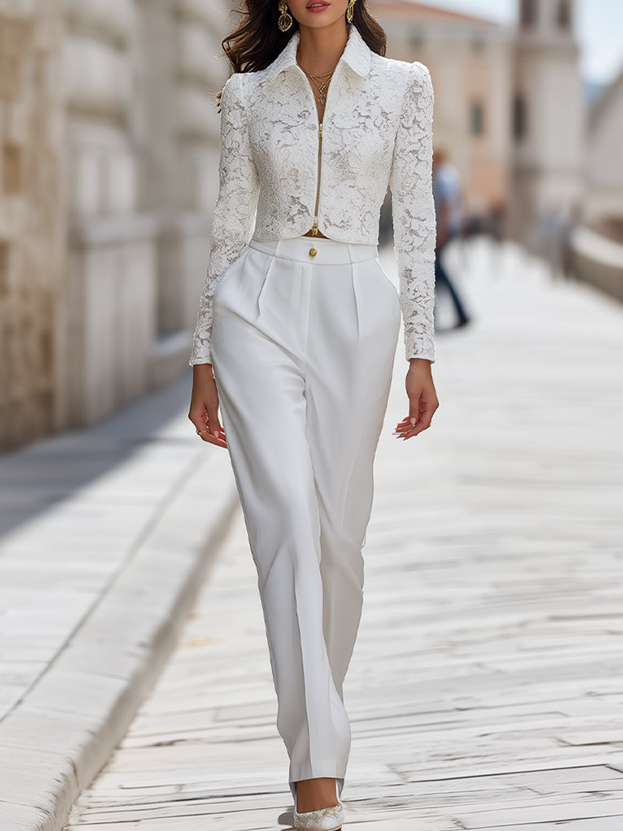 Elegant Lace Jacket And Tailored Pants Set MollyBoo