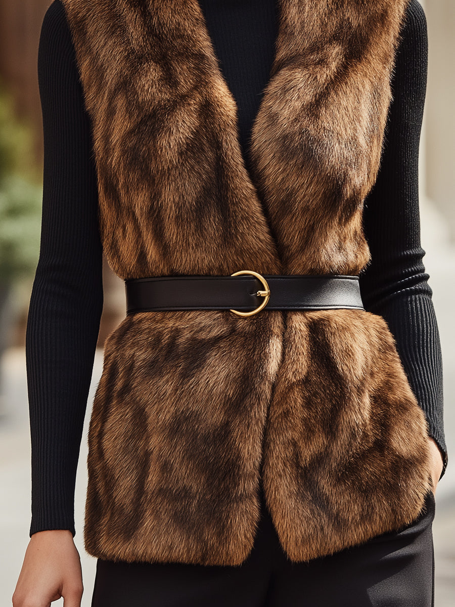 Faux Fur Sleeveless Vest With Belt MollyBoo