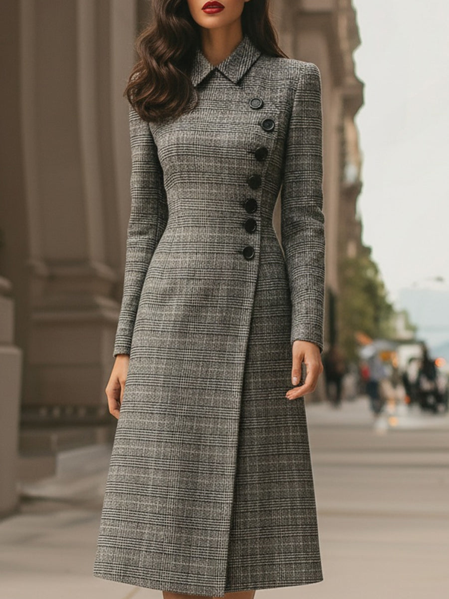 Elegant Plaid Asymmetric Button - Front Midi Dress MollyBoo