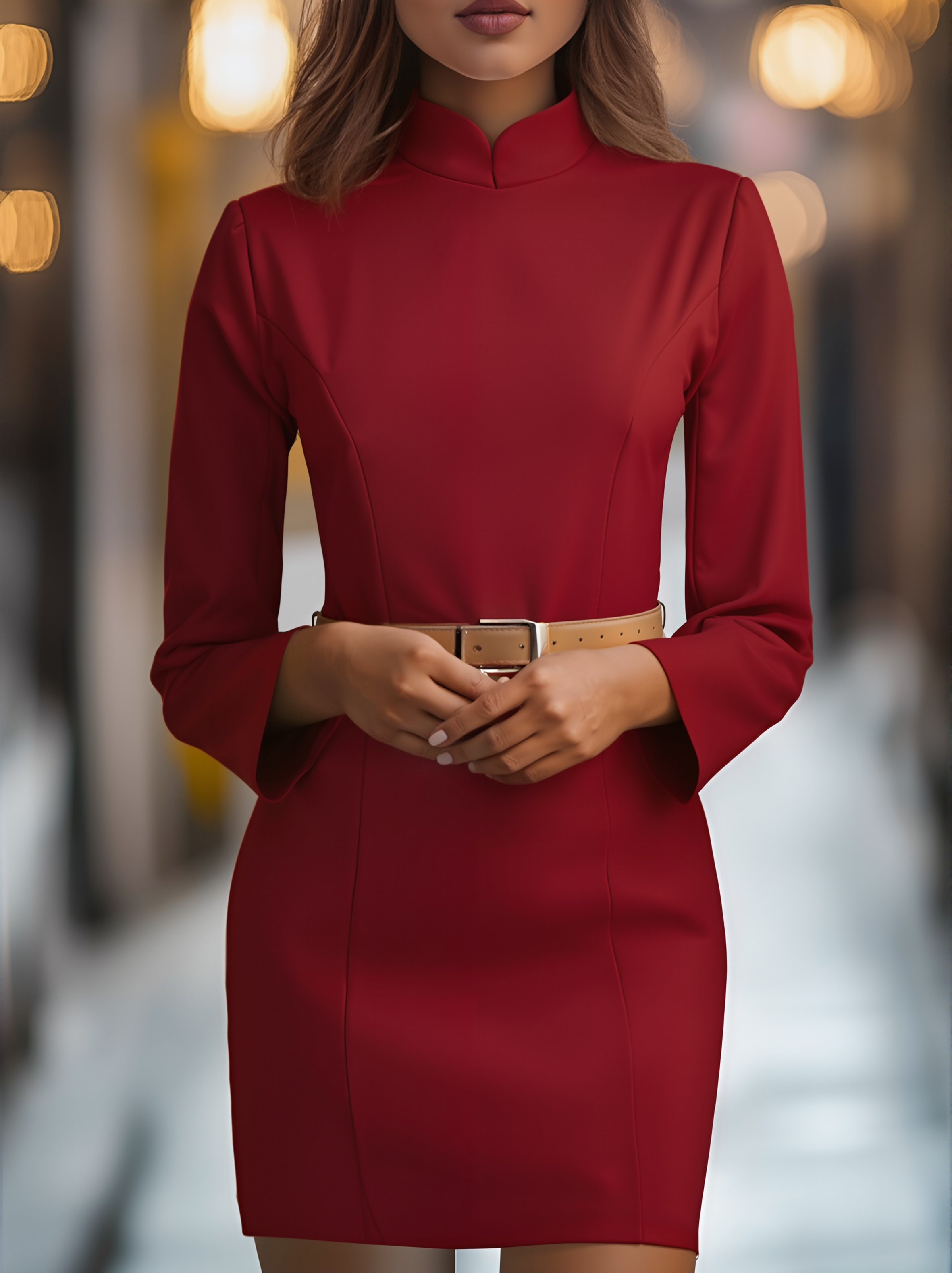 Elegant White Mandarin Collar Dress with Belt Design MollyBoo