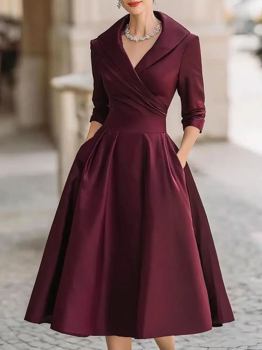 Vintage-Inspired Satin Midi Dress With Draped Collar MollyBoo