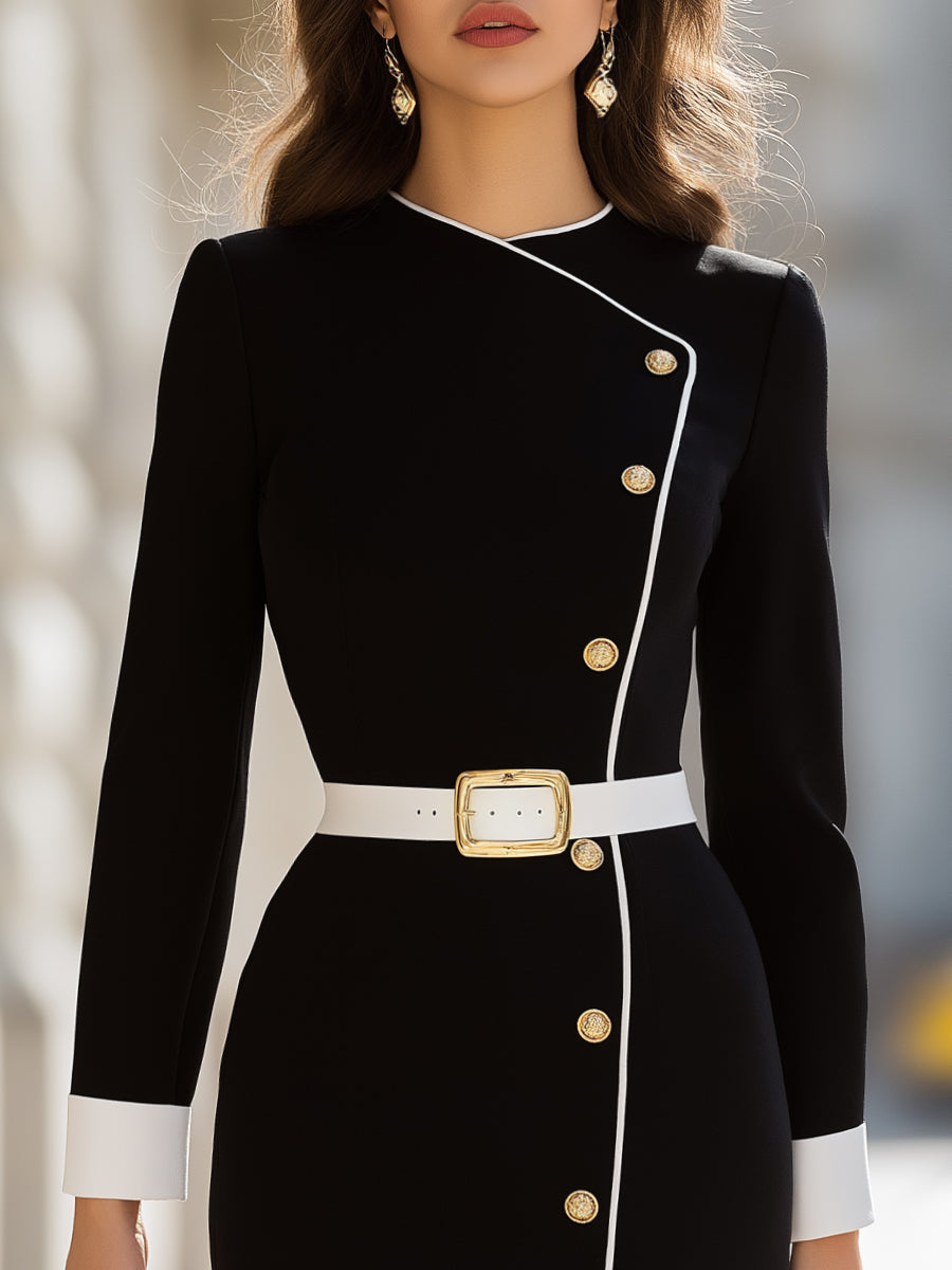 Asymmetrical Buttoned Midi Dress With Contrast Trim MollyBoo