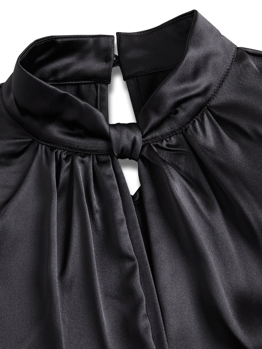 Sophisticated White Satin Blouse with Modern Keyhole Neckline MollyBoo