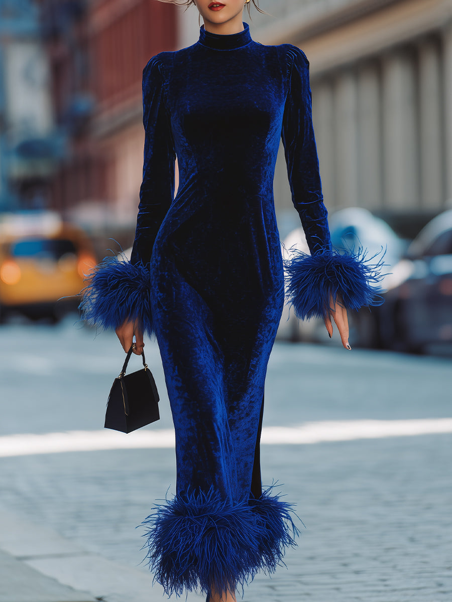 Glamorous Royal Blue Velvet Dress With Feather Trims MollyBoo