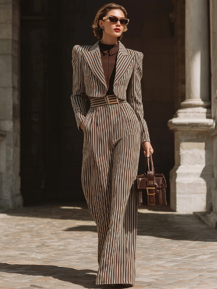 Mooyius Beige & Brown Pinstripe Tailored Suit Set MollyBoo