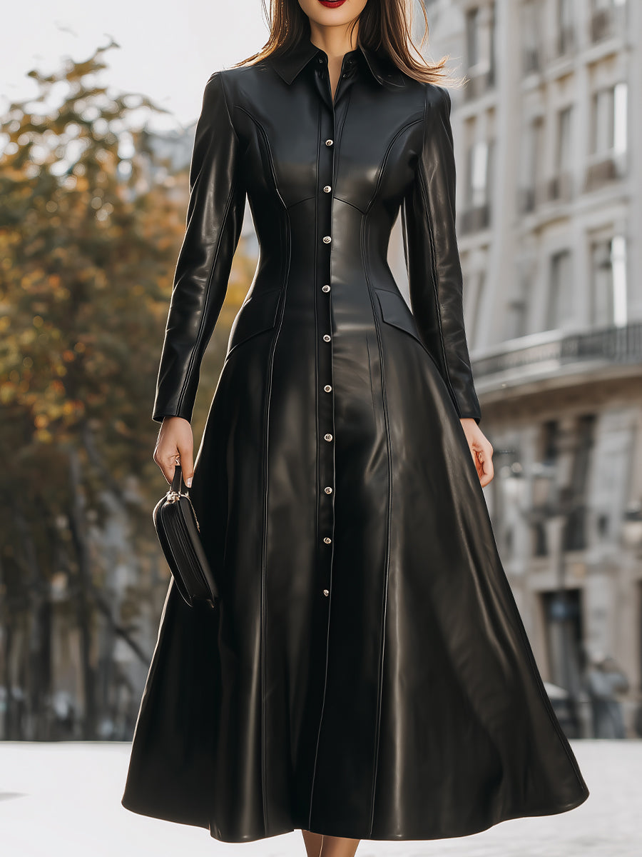 Edgy Black Faux Leather Midi Shirt Dress MollyBoo