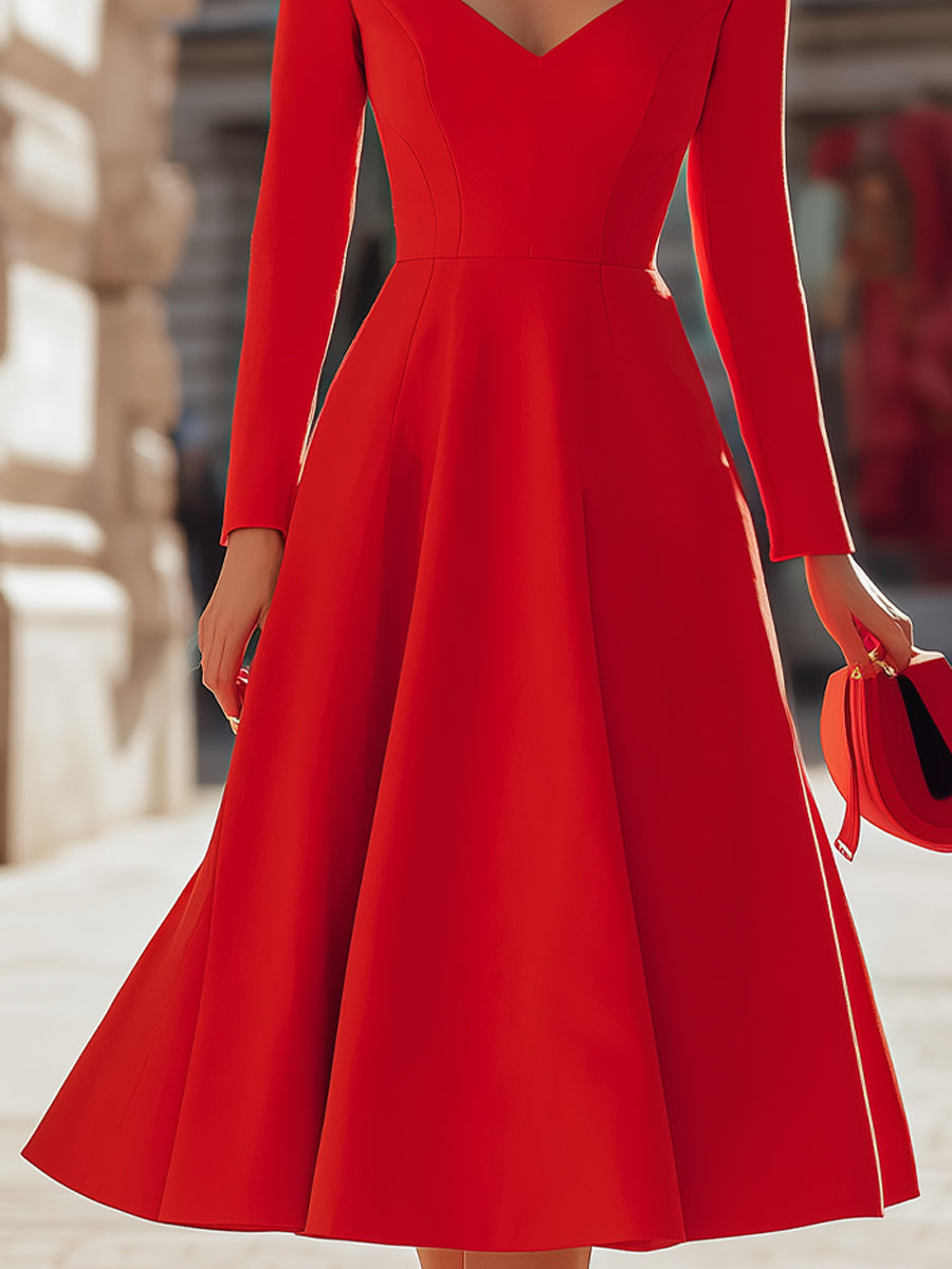 Elegant Red V - Neck Midi Fit - And - Flare Dress MollyBoo