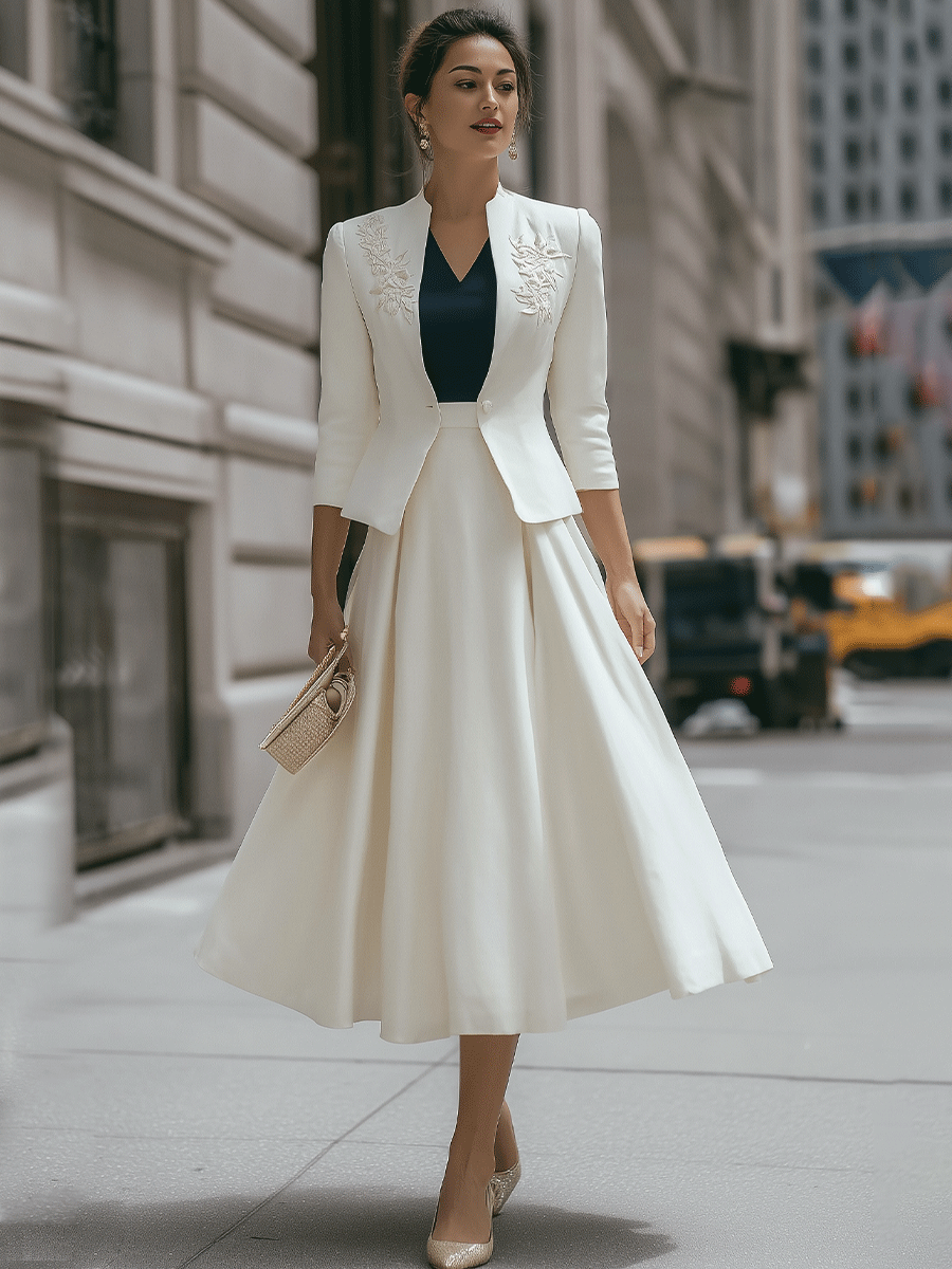 Ivory Embroidered Cropped Blazer And Midi Skirt Set MollyBoo