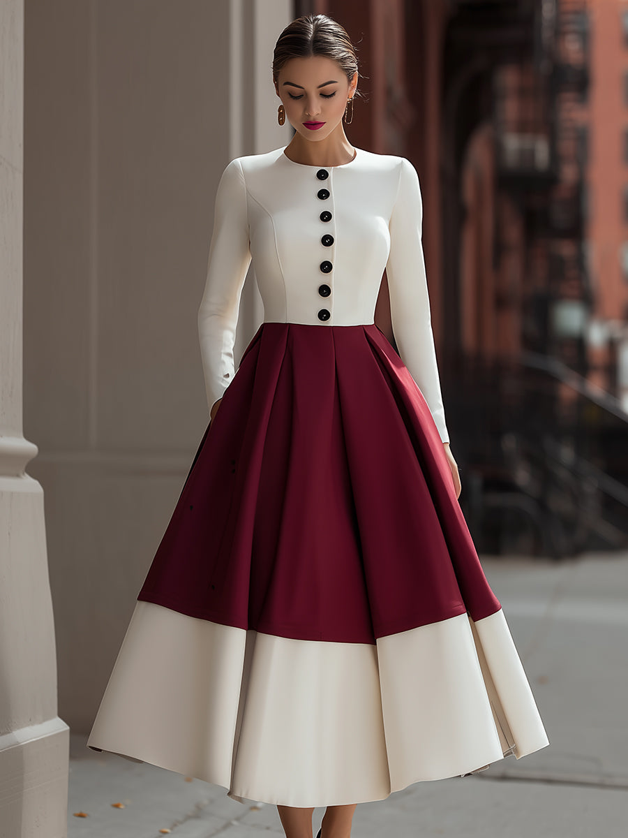 Ivory And Burgundy Colorblock Midi Dress With Button Detail MollyBoo