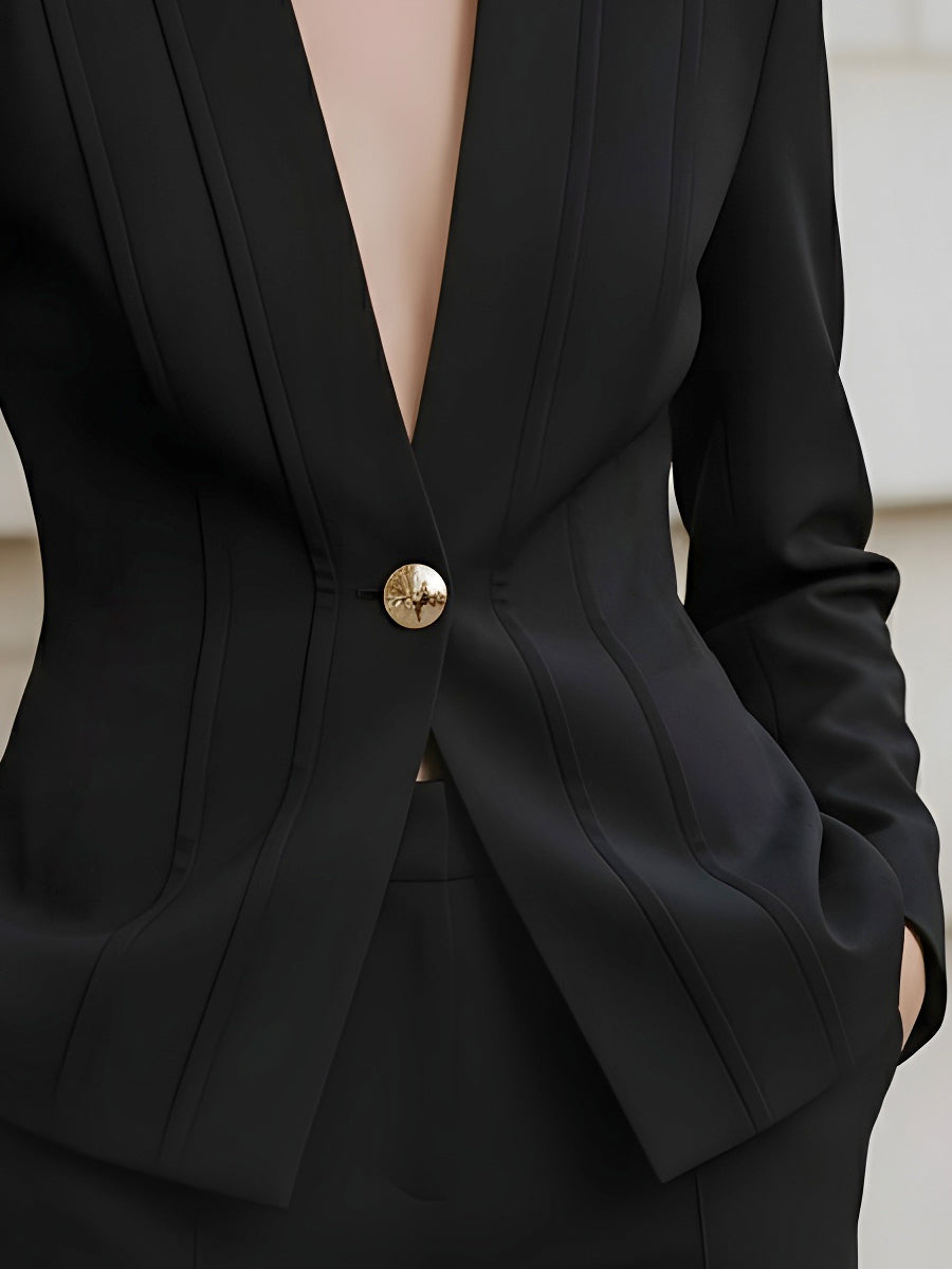 Deep Plunge Neckline Blazer With Statement Gold Button MollyBoo