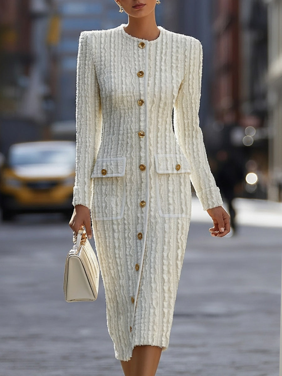 Ivory Textured Knit Midi Dress With Gold-Tone Buttons MollyBoo