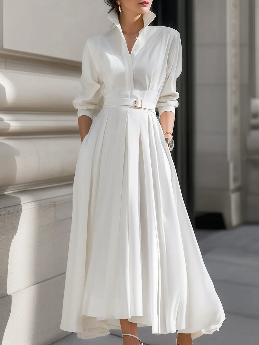Elegant Plain Belted Shirt Dress With Pleated Skirt MollyBoo