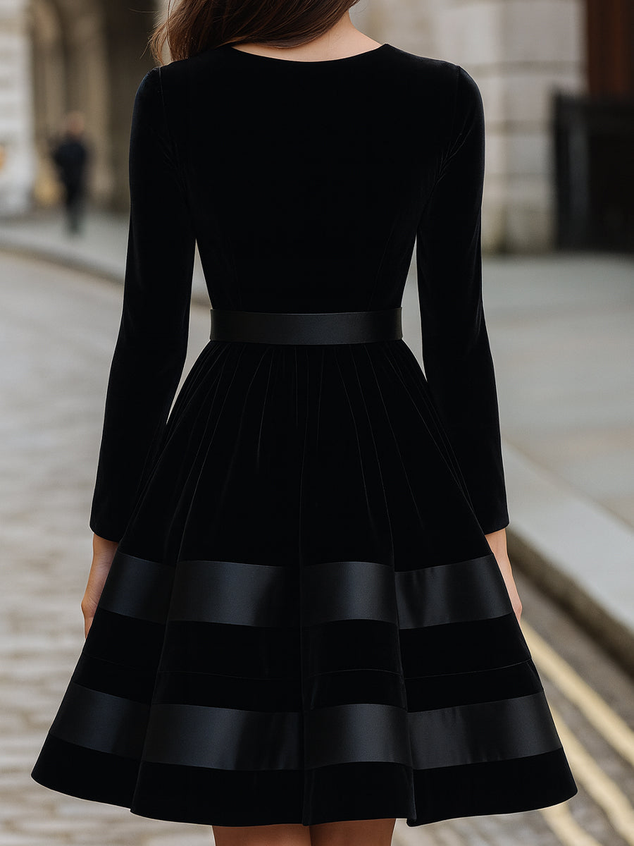 Black Velvet Fit-and-Flare Dress With Satin Stripes MollyBoo