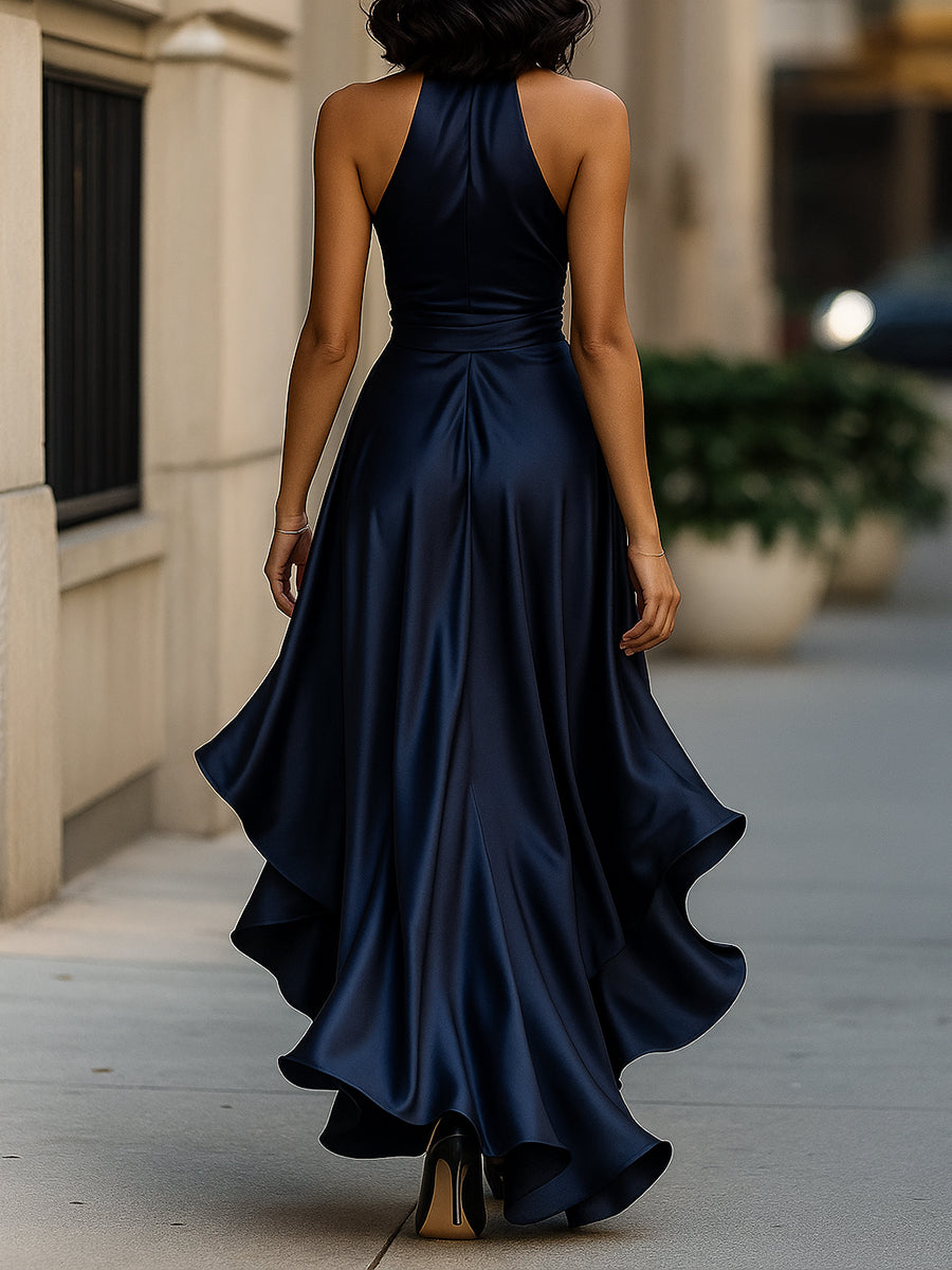 Midnight Elegance Satin Halter Ruffle Gown MollyBoo