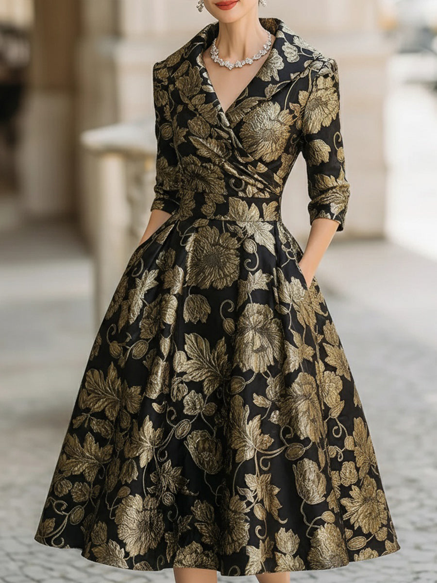 Mooyius Black & Gold Jacquard Floral Midi Dress MollyBoo
