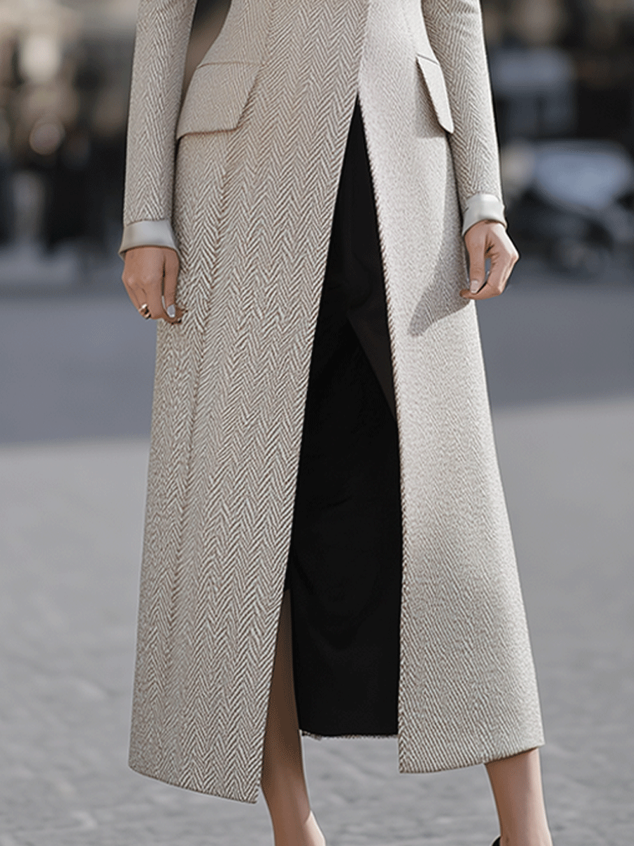 Herringbone Pattern Longline Tailored Coat MollyBoo