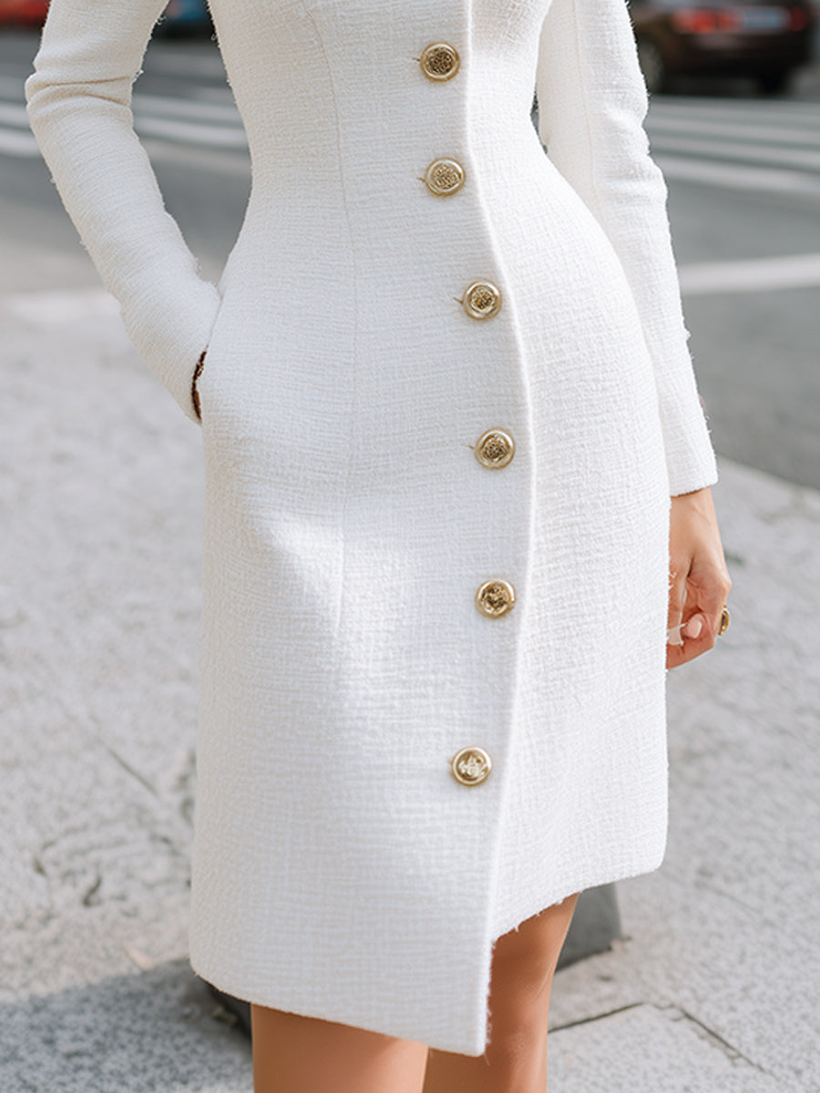 Regal Elegance White High-Neck Button Dress MollyBoo