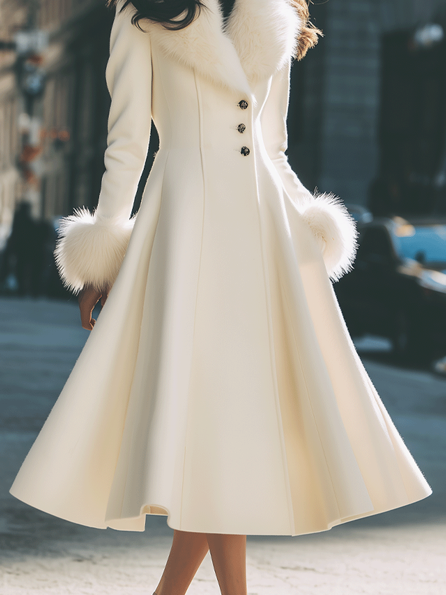 Ivory Flared Coat With Faux Fur Collar And Cuffs MollyBoo