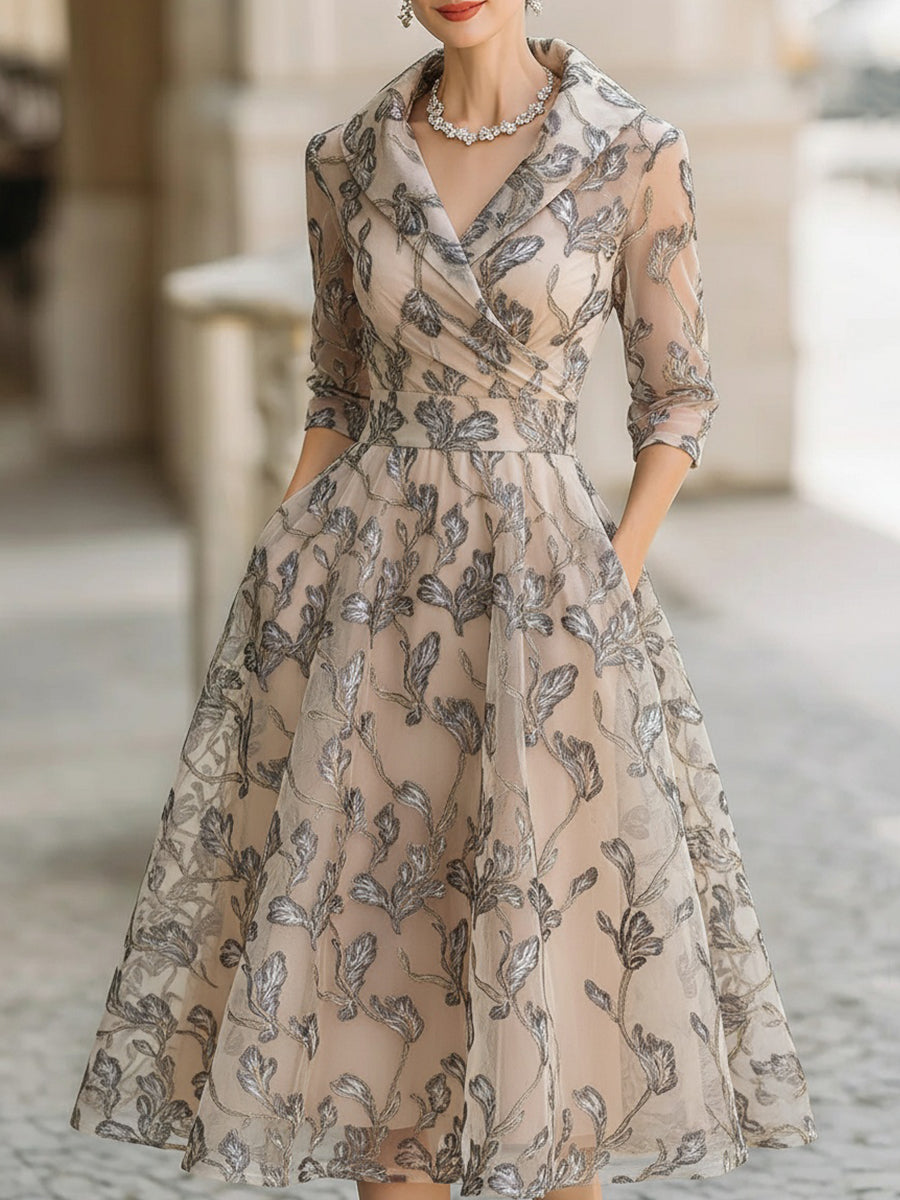 Mooyius Embroidered Mesh Midi Dress With Metallic Leaf Motif MollyBoo