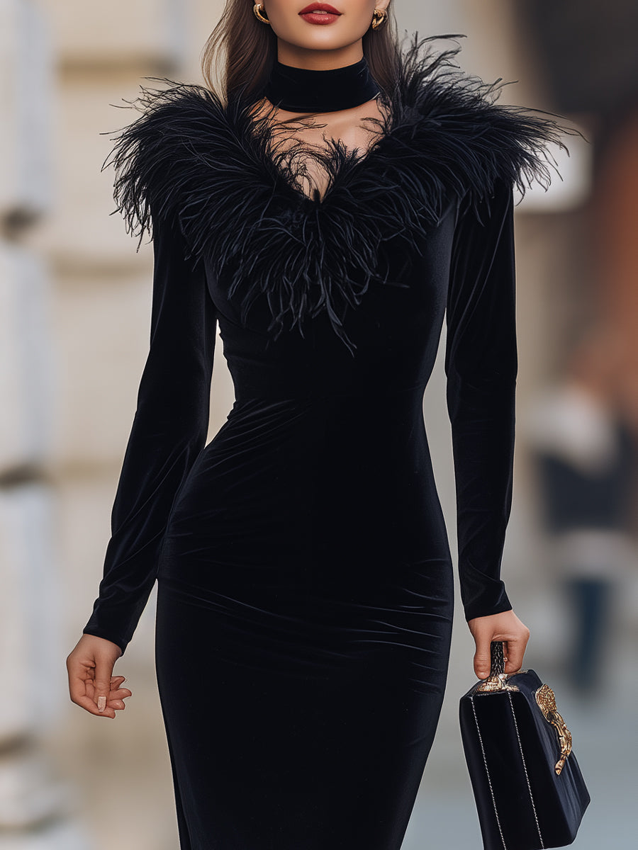 Glamorous Black Velvet Gown With Feather Accents MollyBoo