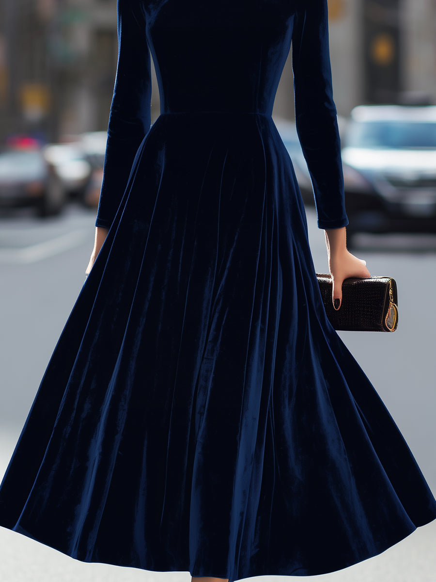 Luxurious Navy Blue Velvet Long-Sleeve Midi Dress MollyBoo
