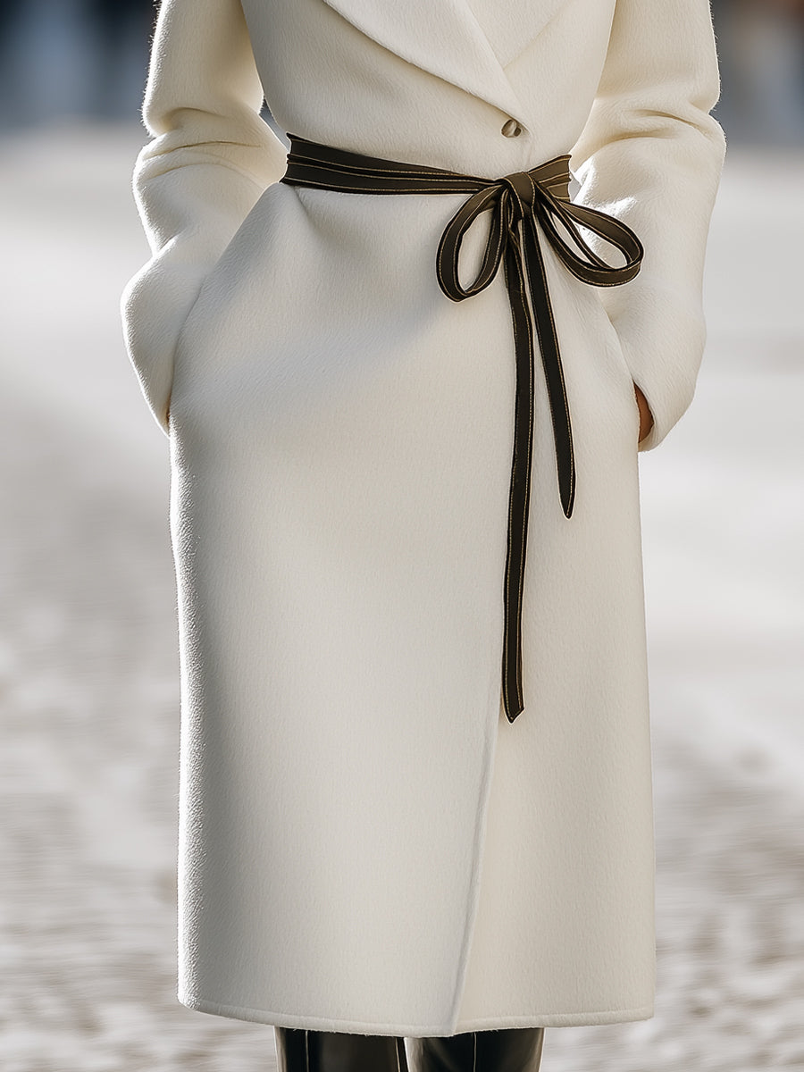Ivory Wool-Blend Coat With Contrast Tie Belt MollyBoo