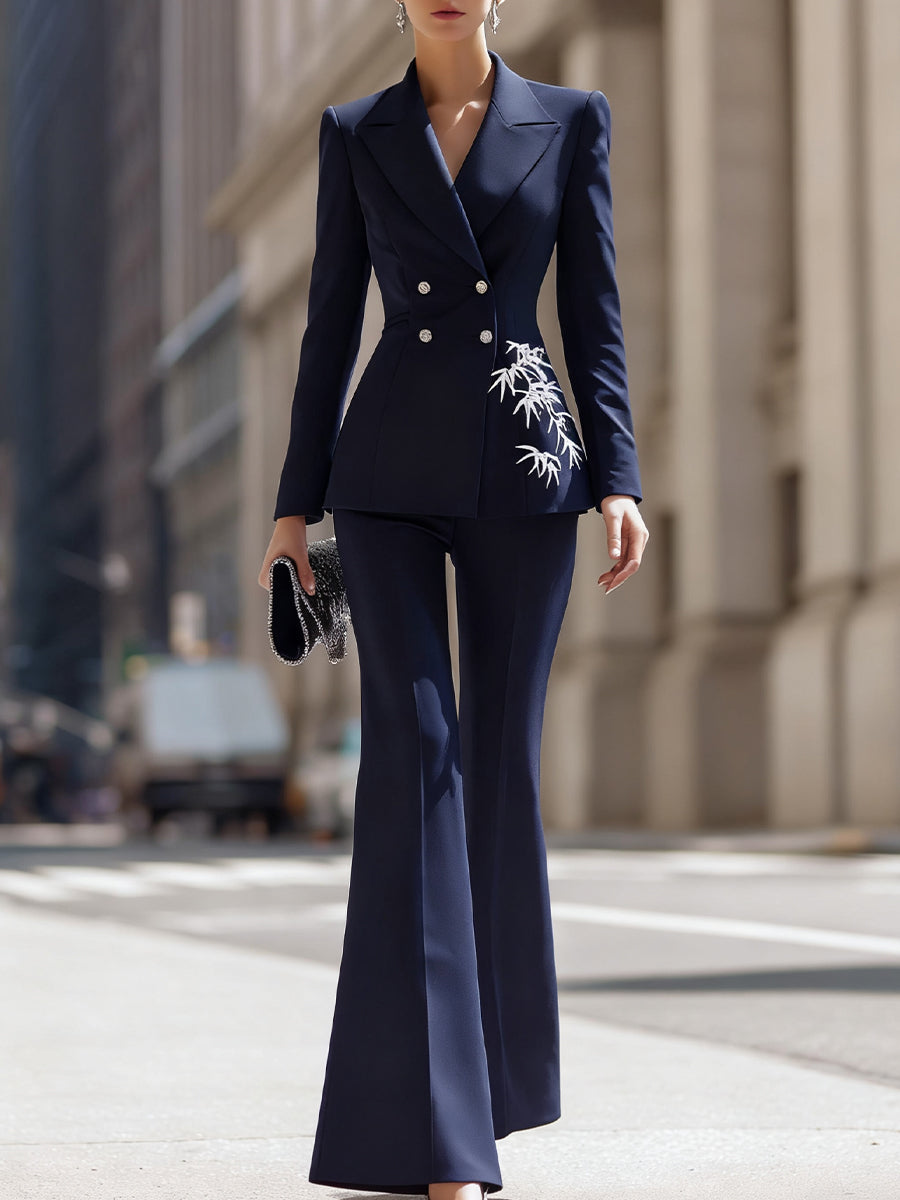 Elegant Navy Blue Embroidered Suit Set MollyBoo