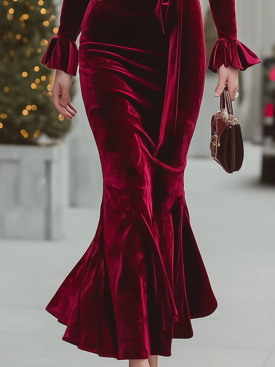Luxury Wine Red Velvet Wrap Mermaid Dress MollyBoo