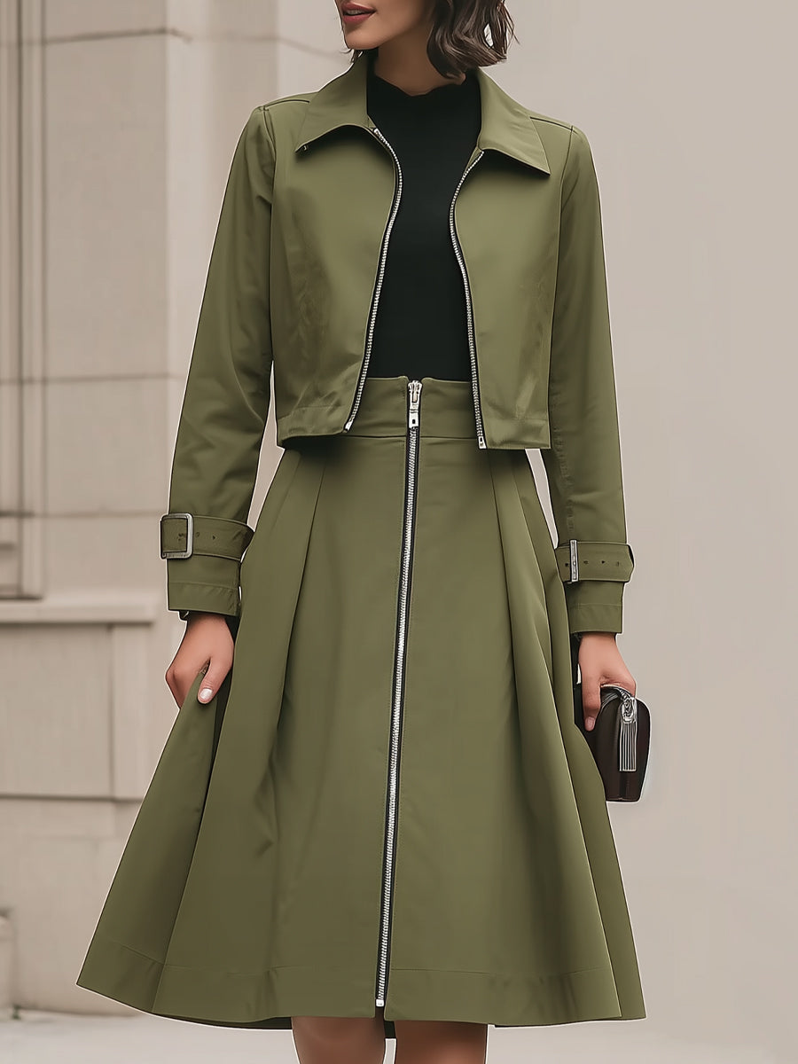 Stylish Olive Green Zip - Detailed Suit Set MollyBoo